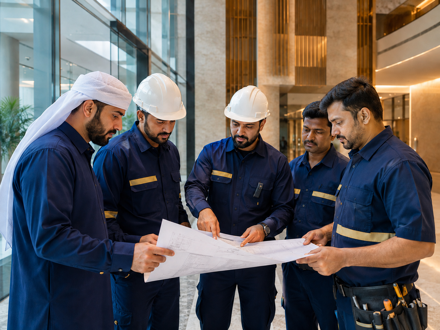 Building maintenance team reviewing plans